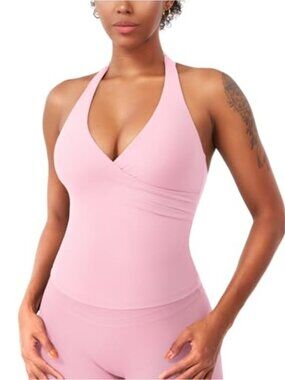 Women's Halter Tank Top with Built-in Bra, Backless Wrap Top for Yoga & Gym